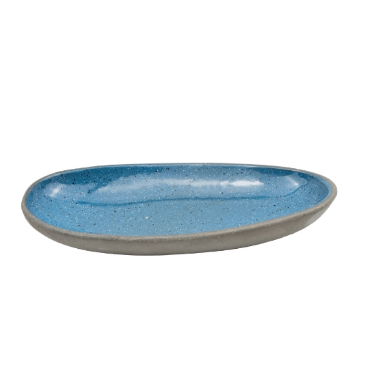 Handcrafted Ceramic Reactive Glaze Stoneware Oval Plate Cyan with White and Blue Splash